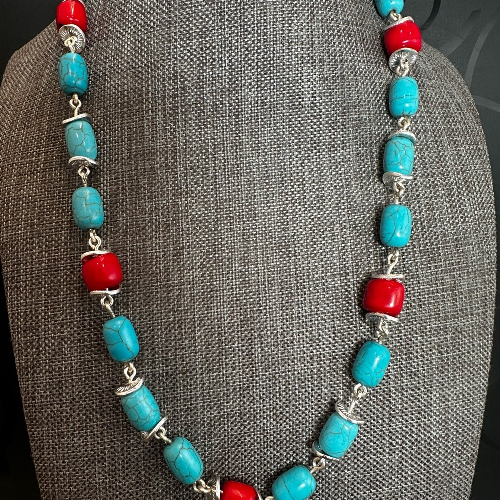 Vibrant Turquoise Howlite and Red Coral Beaded Necklace